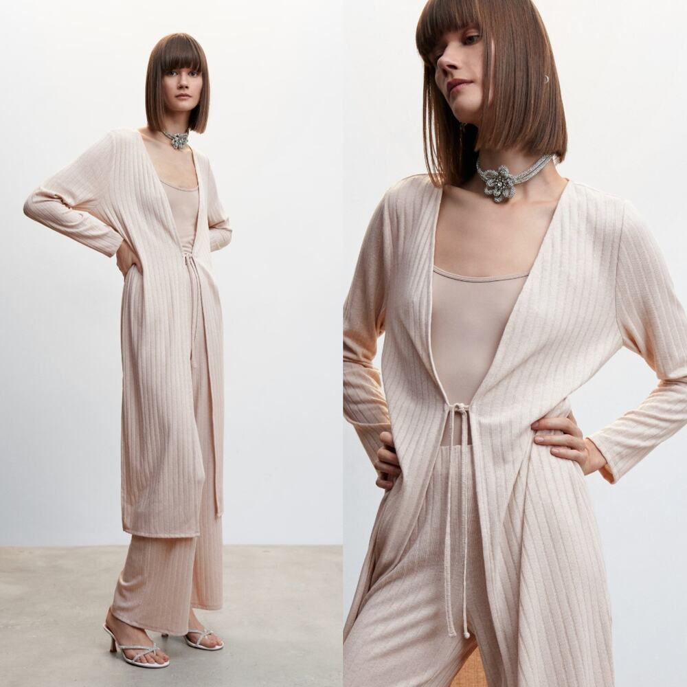 MNG‎ Mango Womens Ribbed Long Duster Cardigan Size Large Beige Tie Front Slits